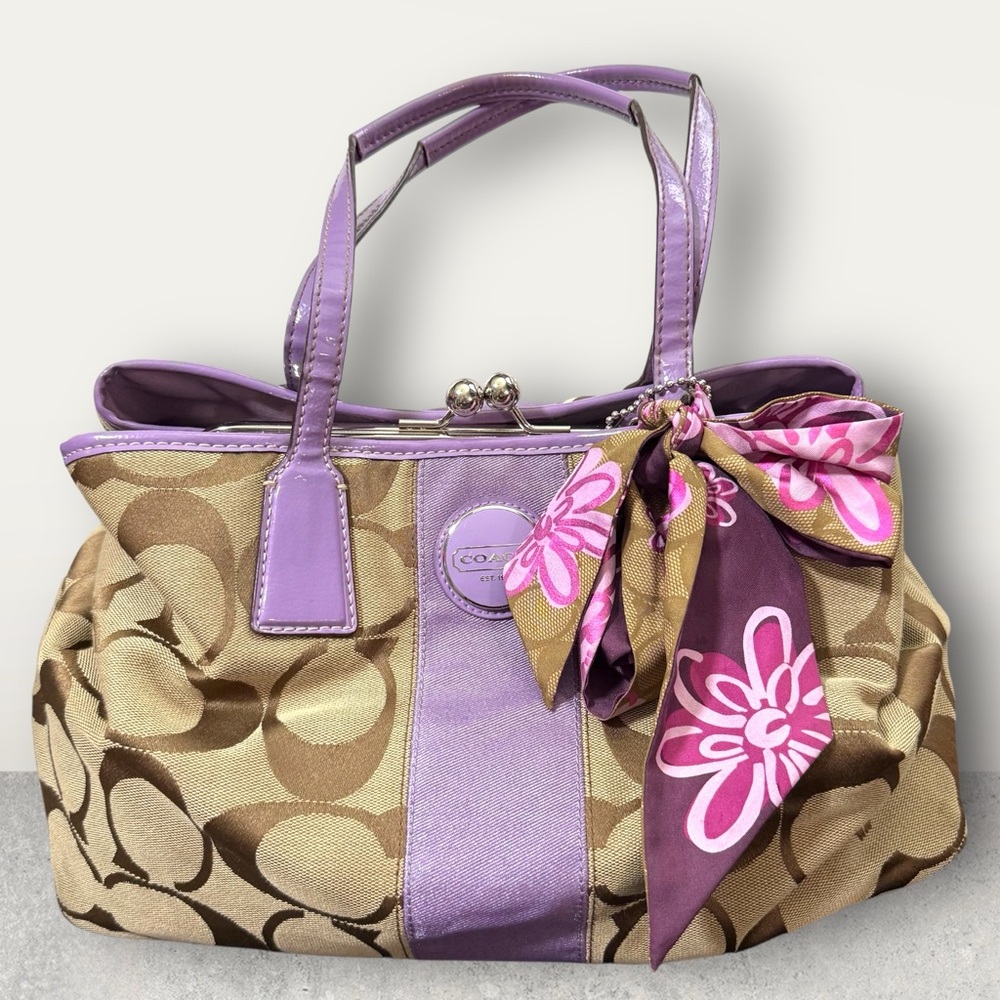 Coach Signature Purple Kisslock Leather Trimmed Canvas Tote Bag Satchel